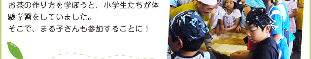 お茶づくりを学ぼうと、小学生たちが体験学習をしていました。そこで、まる子さんも参加することに！