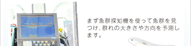 まず魚群探知機を使って魚群を見つけ、群れの大きさや方向を予測します