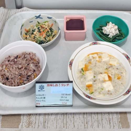 白い麻婆豆腐＆いんげんのソテー カッテージチーズ添え＆チーズ風味のナムル＆コクのあるミルクで作るプリン(6月茨城県×雪印メグミルク　減塩レシピ)